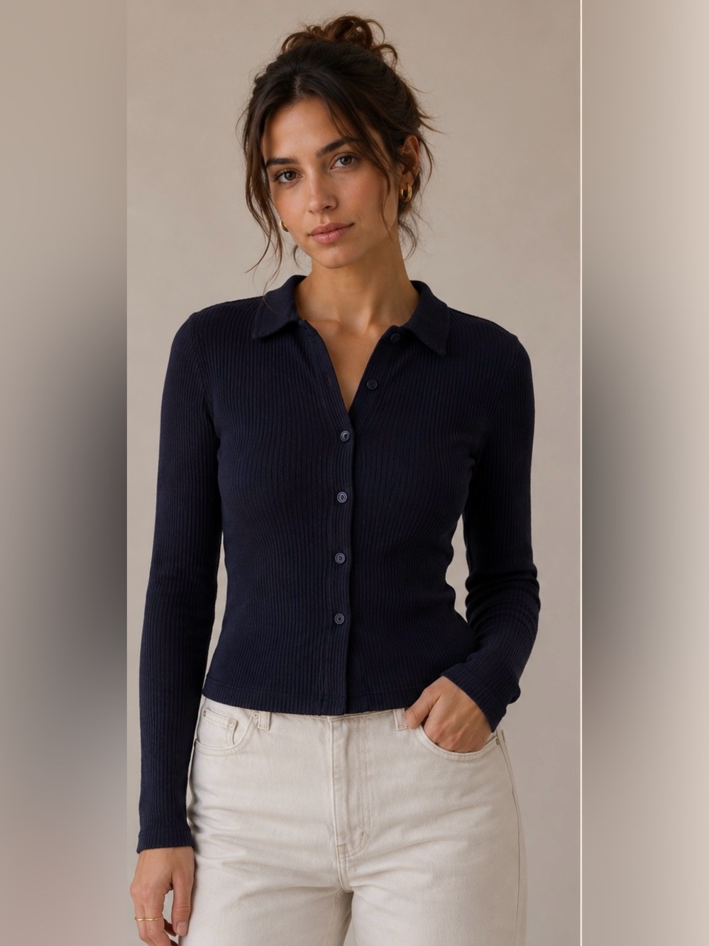 Aritzia Navy Ribbed Button-Up Long Sleeve Top
